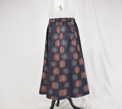 Eight-Panel Skirt, Navy Floral Medallion Motif, Upcycled Kimono Fabric