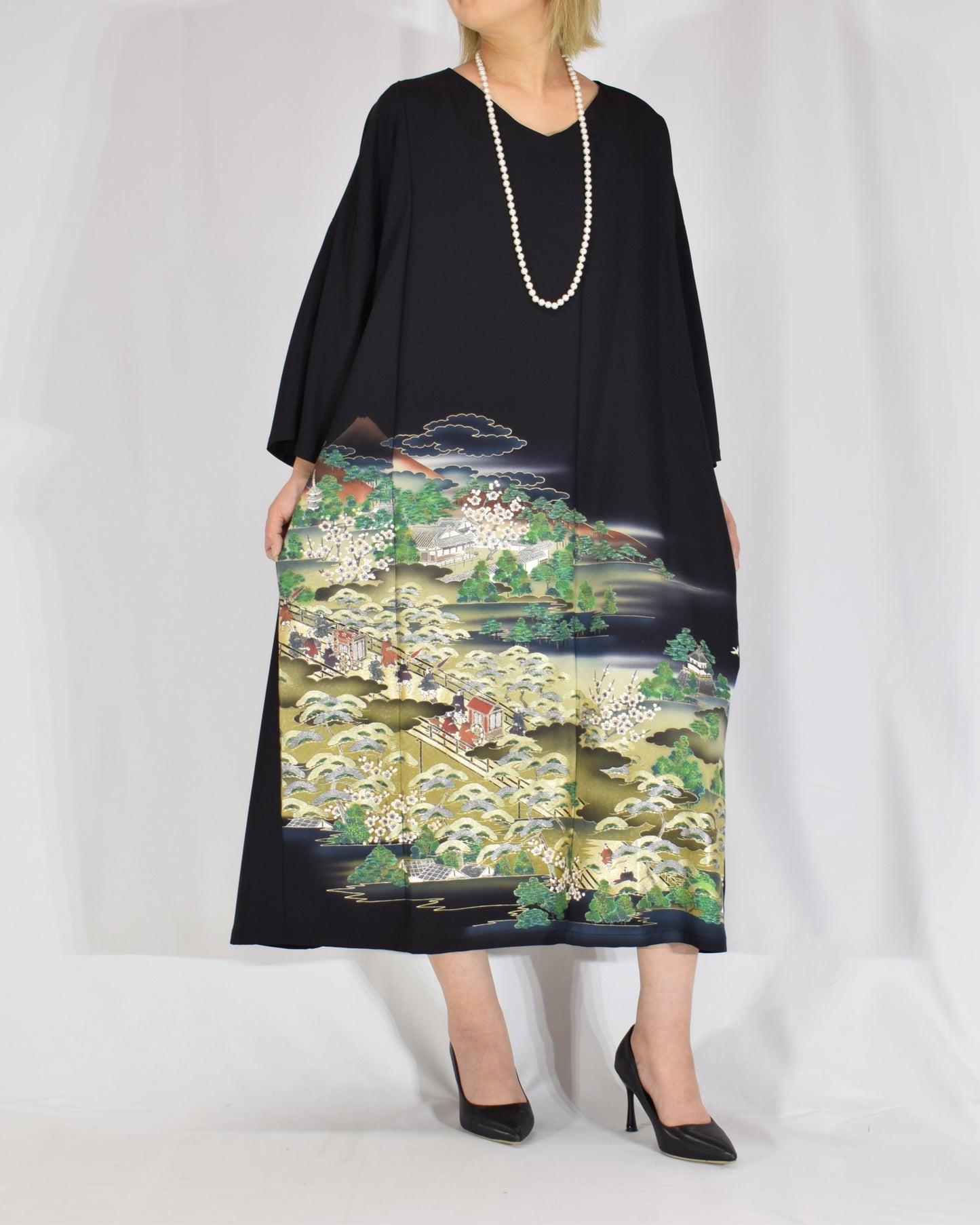 Elegant Kimono Dress, Garden Scene Motif, Upcycled Tomesode Fabric