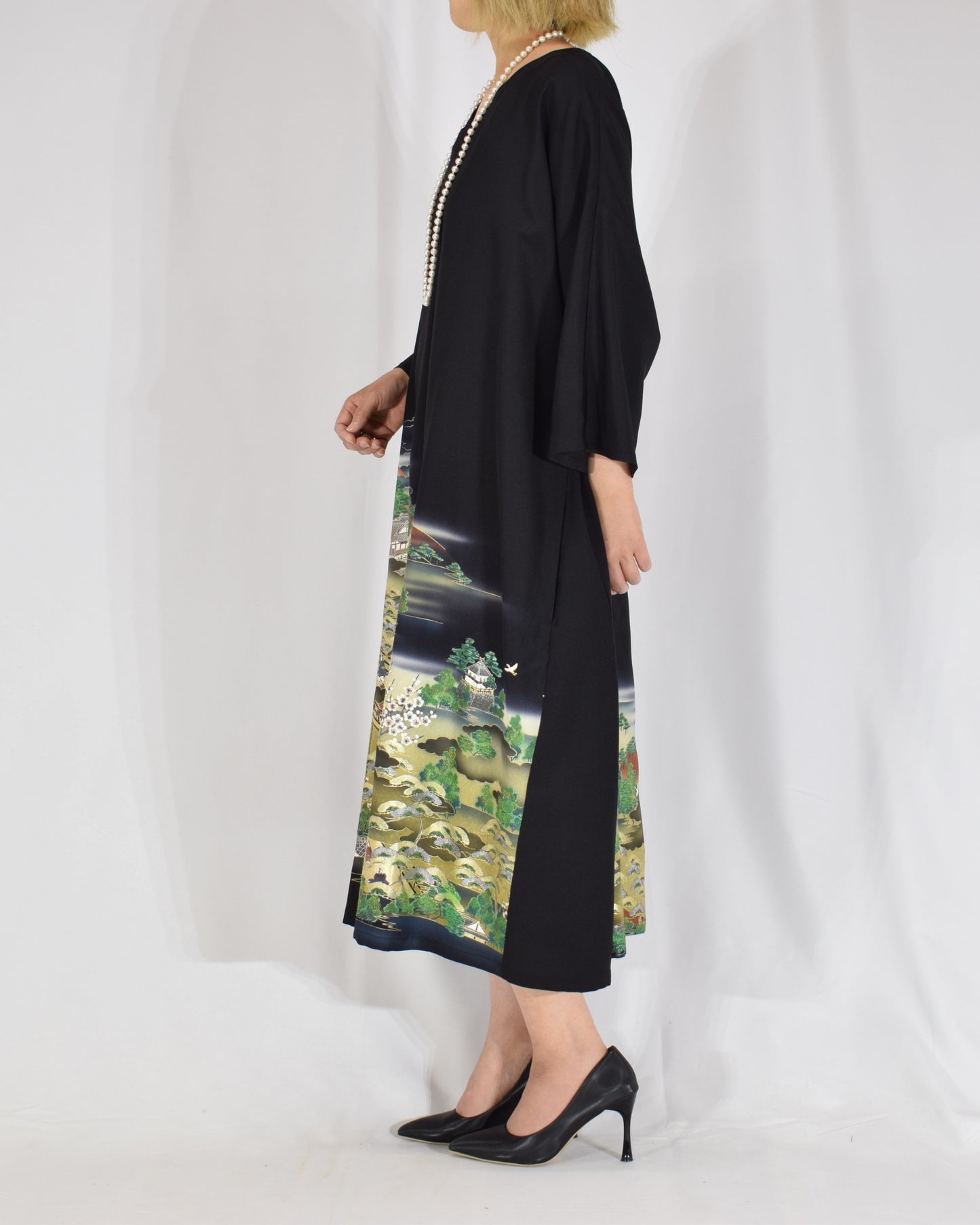 Elegant Kimono Dress, Garden Scene Motif, Upcycled Tomesode Fabric