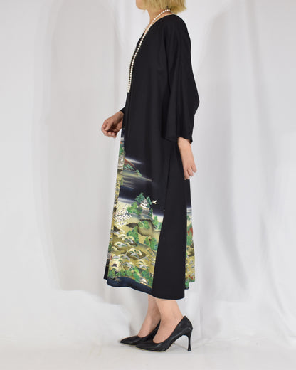 Elegant Kimono Dress, Garden Scene Motif, Upcycled Tomesode Fabric