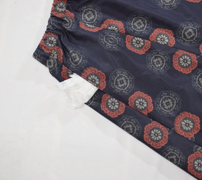 Eight-Panel Skirt, Navy Floral Medallion Motif, Upcycled Kimono Fabric