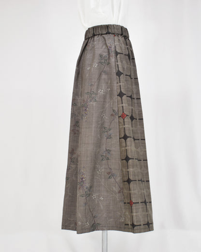 Six-Panel Skirt, Gray Geometric and Botanical Motifs, Upcycled Kimono Fabric