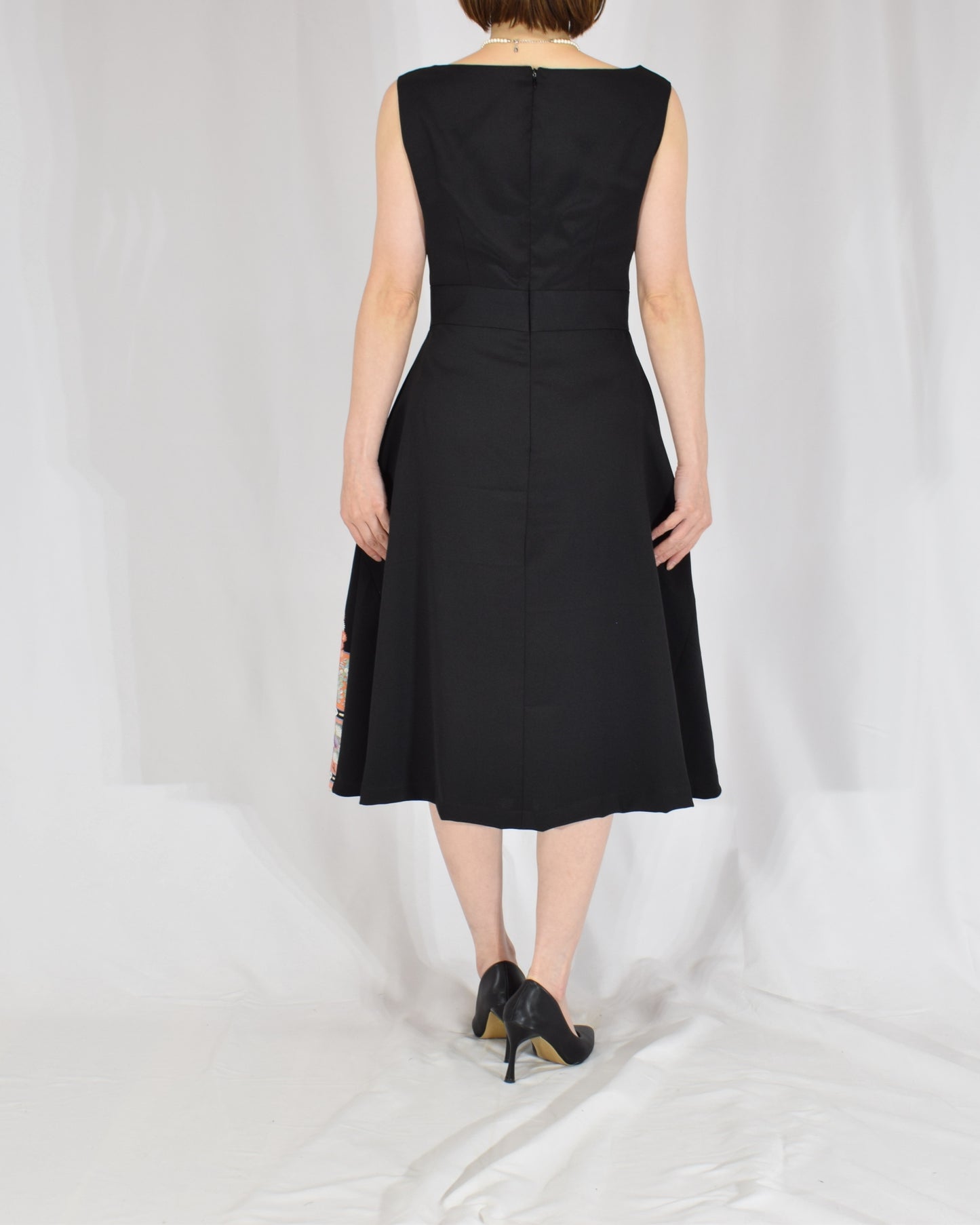 Sleeveless Dress — Black Upcycled Kimono Fabric with Floral and Geometric Motif