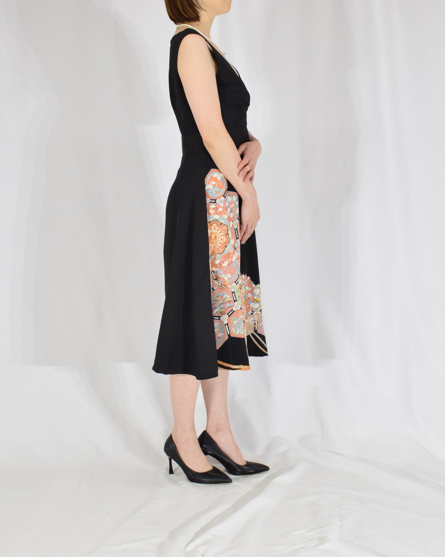 Sleeveless Dress — Black Upcycled Kimono Fabric with Floral and Geometric Motif