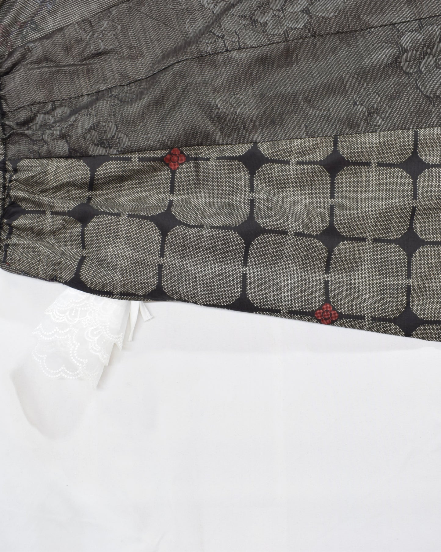 Six-Panel Skirt, Gray Geometric and Botanical Motifs, Upcycled Kimono Fabric