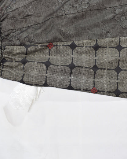 Six-Panel Skirt, Gray Geometric and Botanical Motifs, Upcycled Kimono Fabric