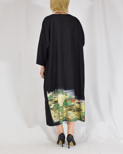 Elegant Kimono Dress, Garden Scene Motif, Upcycled Tomesode Fabric