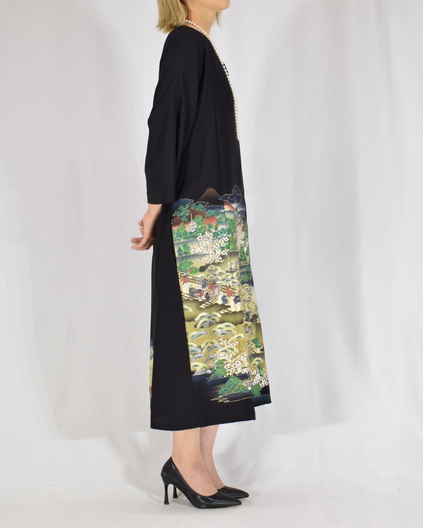 Elegant Kimono Dress, Garden Scene Motif, Upcycled Tomesode Fabric