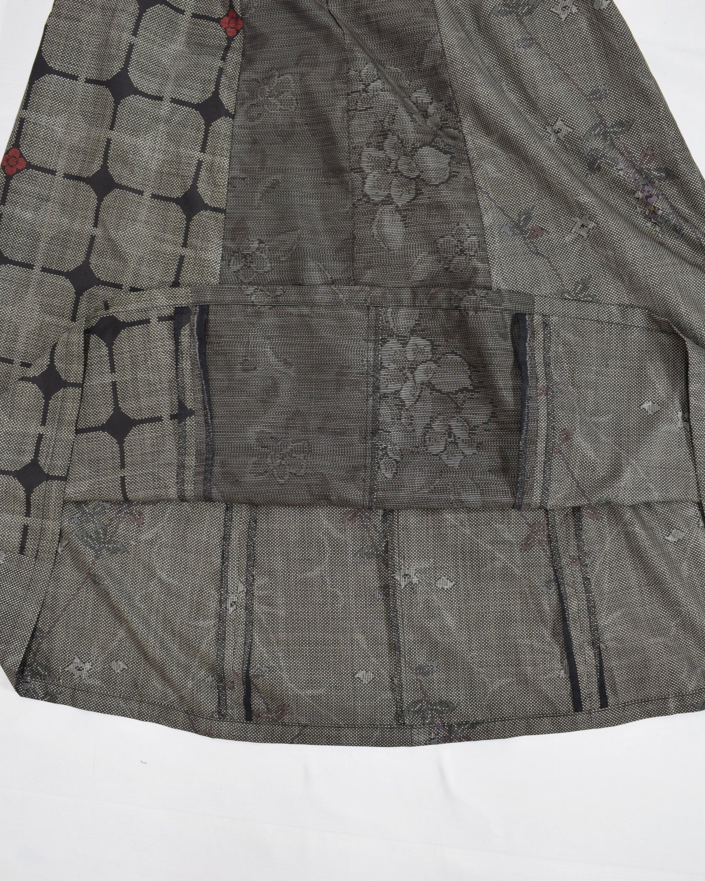 Six-Panel Skirt, Gray Geometric and Botanical Motifs, Upcycled Kimono Fabric