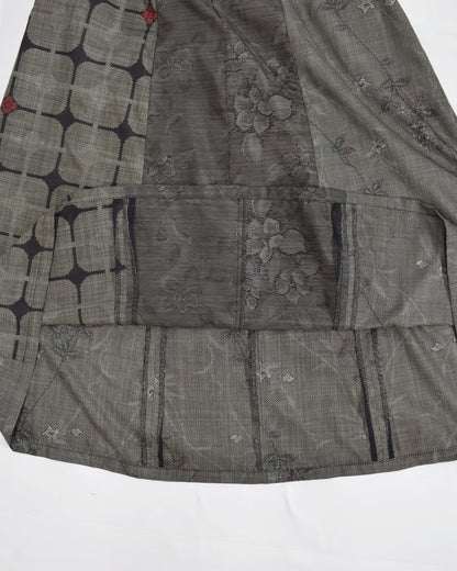 Six-Panel Skirt, Gray Geometric and Botanical Motifs, Upcycled Kimono Fabric