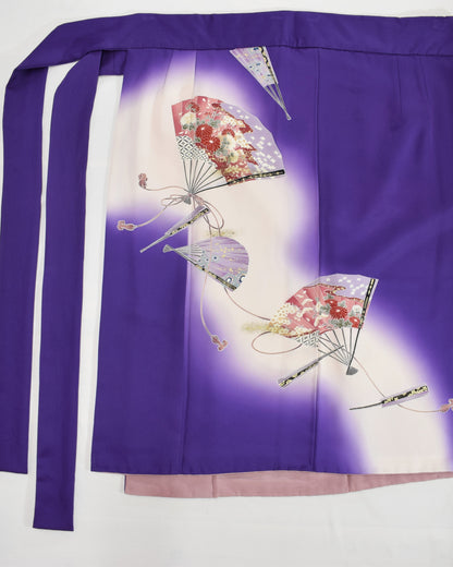 パープル 扇と草花文様 巻きスカート 留袖リメイク 一点物