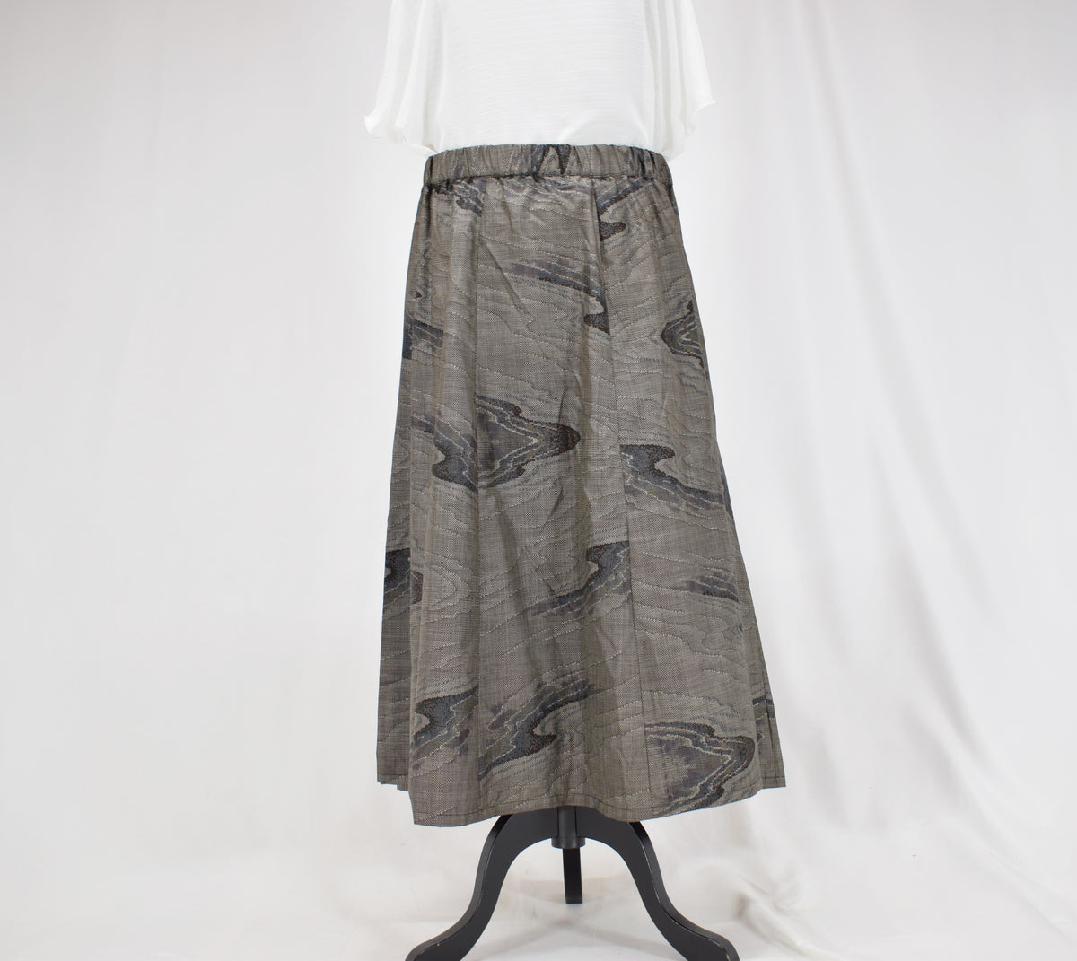 Eight-Panel Skirt, Gray Flowing Water Motif, Upcycled Kimono Fabric