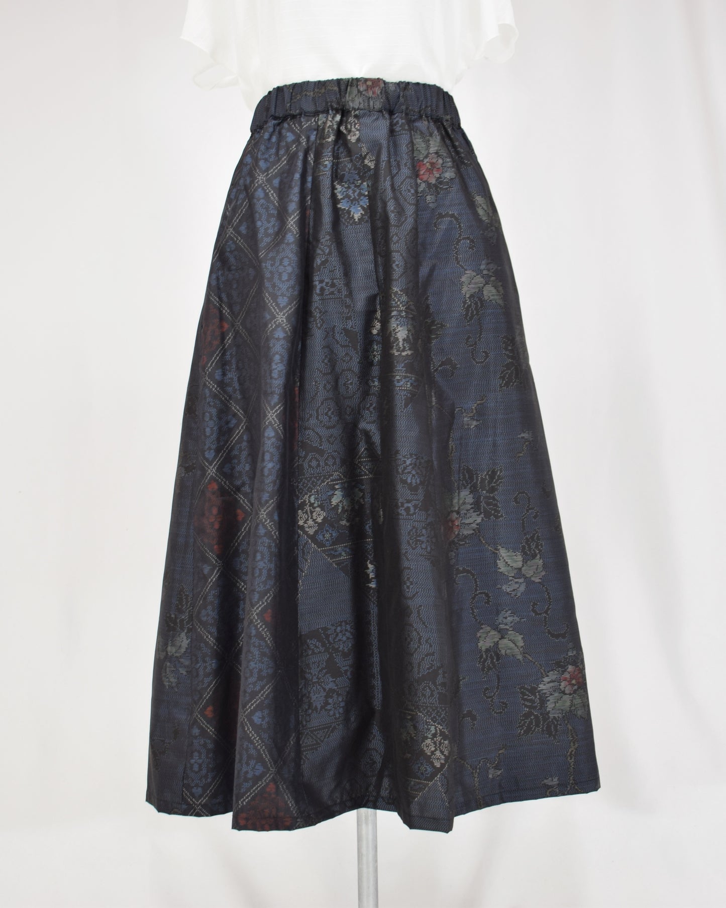 Six-Panel Skirt, Navy Floral and Geometric Motifs, Upcycled Kimono Fabric