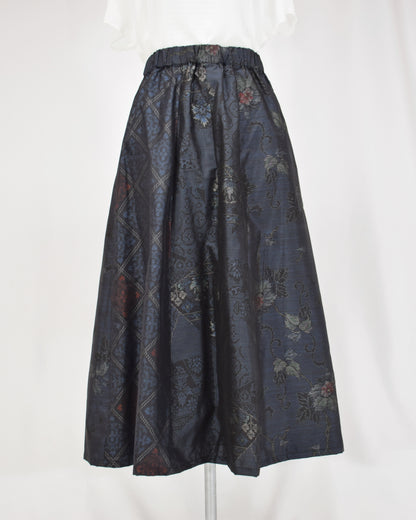 Six-Panel Skirt, Navy Floral and Geometric Motifs, Upcycled Kimono Fabric