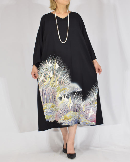 Elegant Kimono Dress, Crane and Botanical Motif, Upcycled Tomesode Fabric