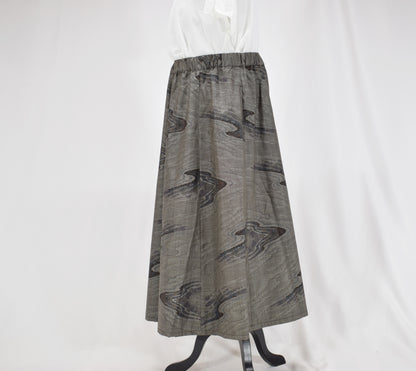 Eight-Panel Skirt, Gray Flowing Water Motif, Upcycled Kimono Fabric