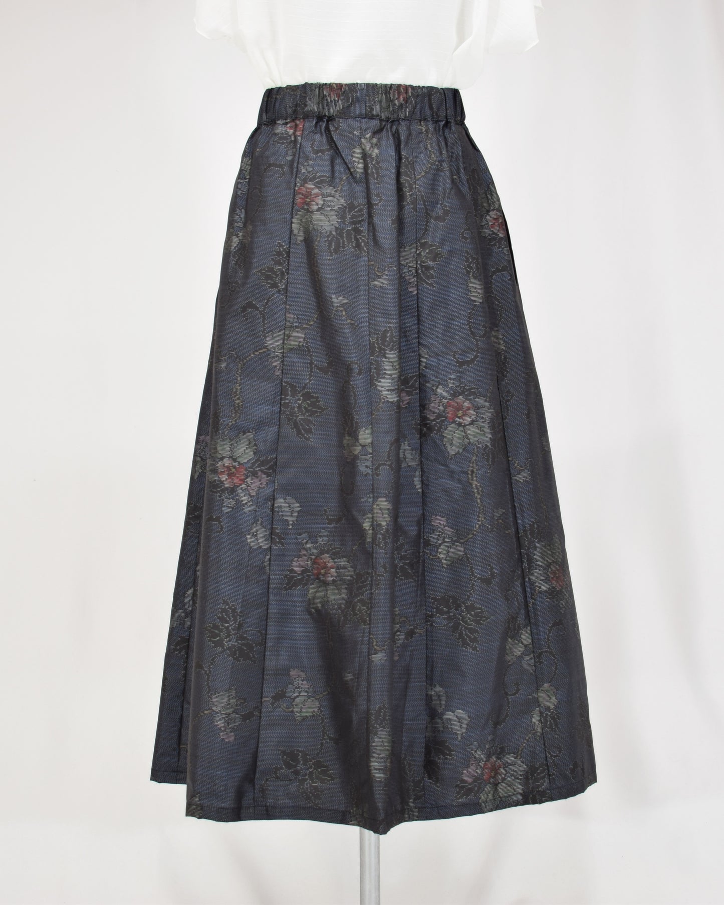 Six-Panel Skirt, Navy Floral and Geometric Motifs, Upcycled Kimono Fabric