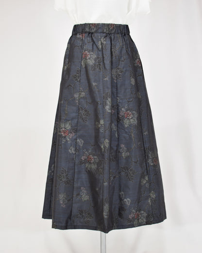 Six-Panel Skirt, Navy Floral and Geometric Motifs, Upcycled Kimono Fabric