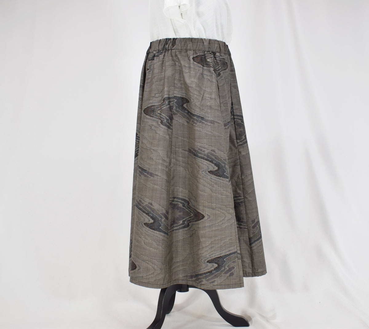 Eight-Panel Skirt, Gray Flowing Water Motif, Upcycled Kimono Fabric