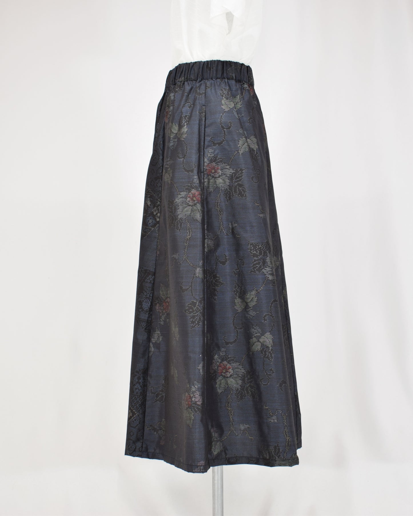 Six-Panel Skirt, Navy Floral and Geometric Motifs, Upcycled Kimono Fabric