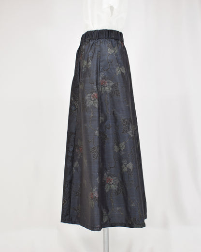 Six-Panel Skirt, Navy Floral and Geometric Motifs, Upcycled Kimono Fabric