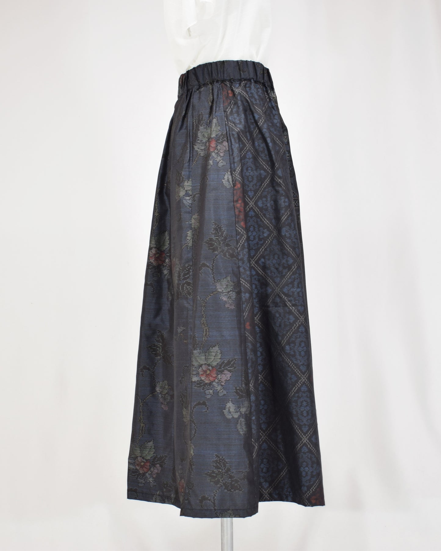 Six-Panel Skirt, Navy Floral and Geometric Motifs, Upcycled Kimono Fabric