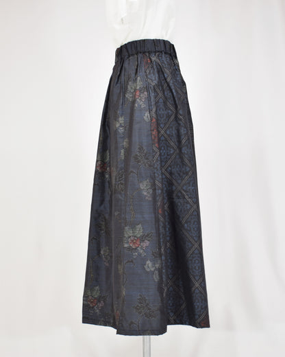 Six-Panel Skirt, Navy Floral and Geometric Motifs, Upcycled Kimono Fabric