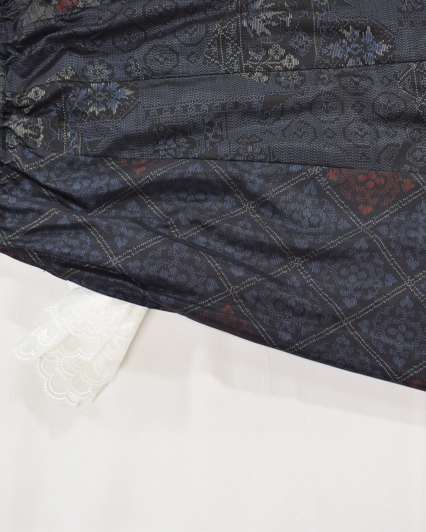 Six-Panel Skirt, Navy Floral and Geometric Motifs, Upcycled Kimono Fabric