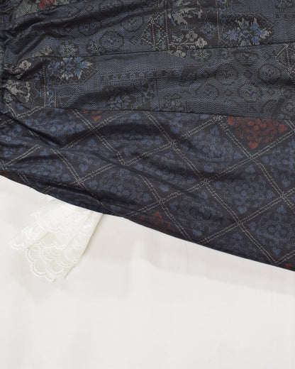 Six-Panel Skirt, Navy Floral and Geometric Motifs, Upcycled Kimono Fabric