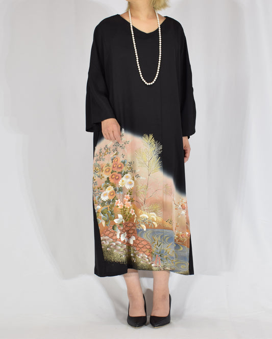 Elegant Kimono Dress, Botanical and Flowing Water Motif, Upcycled Tomesode Fabric