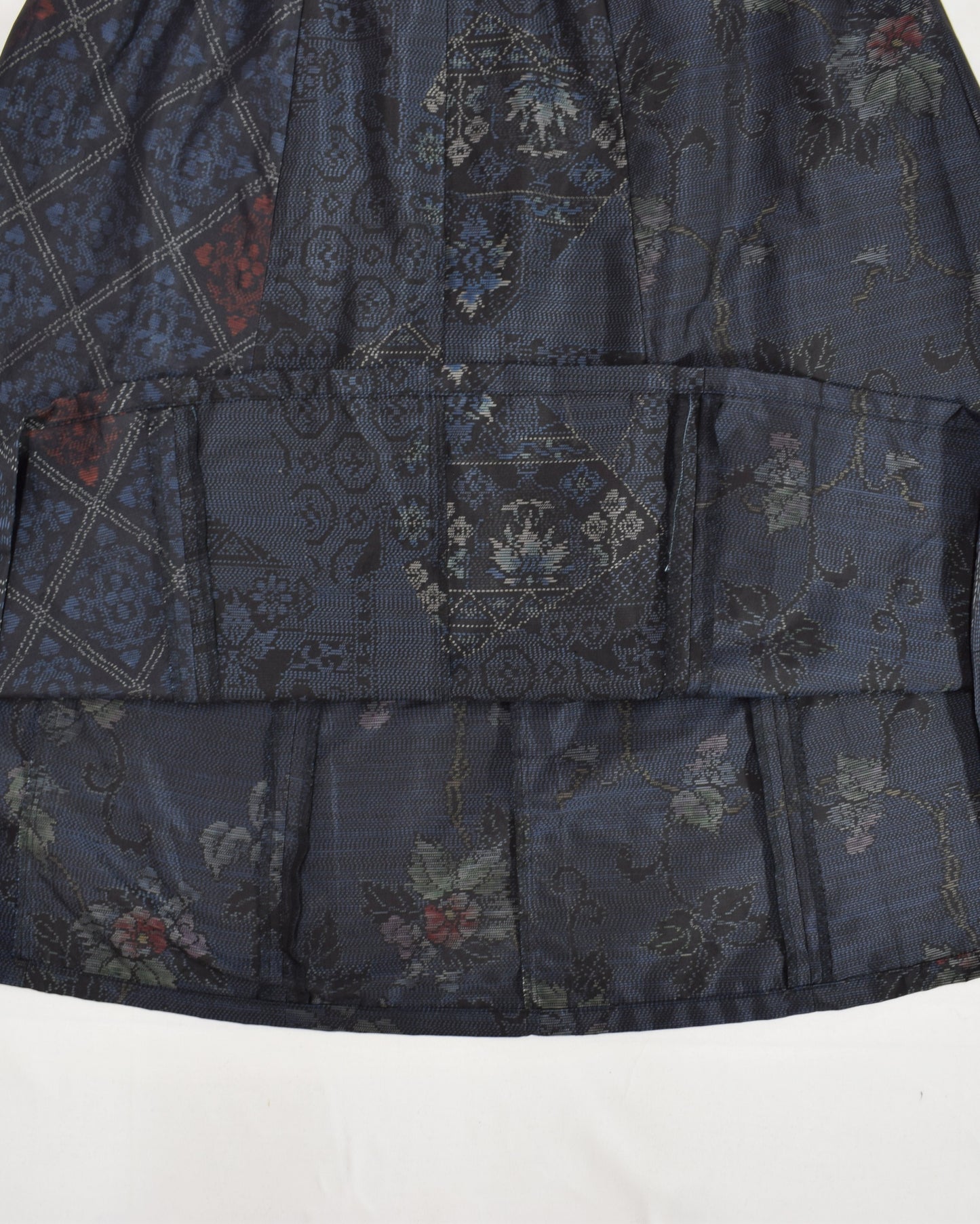 Six-Panel Skirt, Navy Floral and Geometric Motifs, Upcycled Kimono Fabric