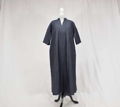 Split-Neck Long Dress, Navy Fine Stripe Motif, Upcycled Kimono Fabric