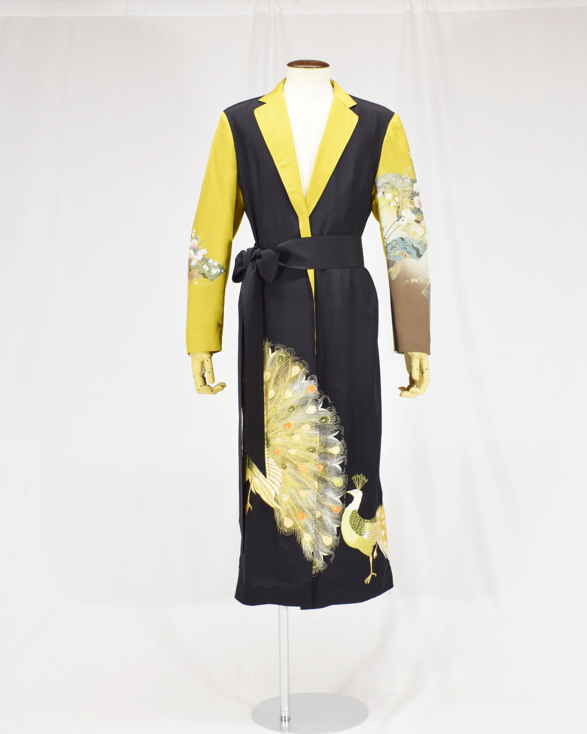 Belted Long Coat, Black and Yellow Peacock Motifs, Upcycled Kimono Fabric