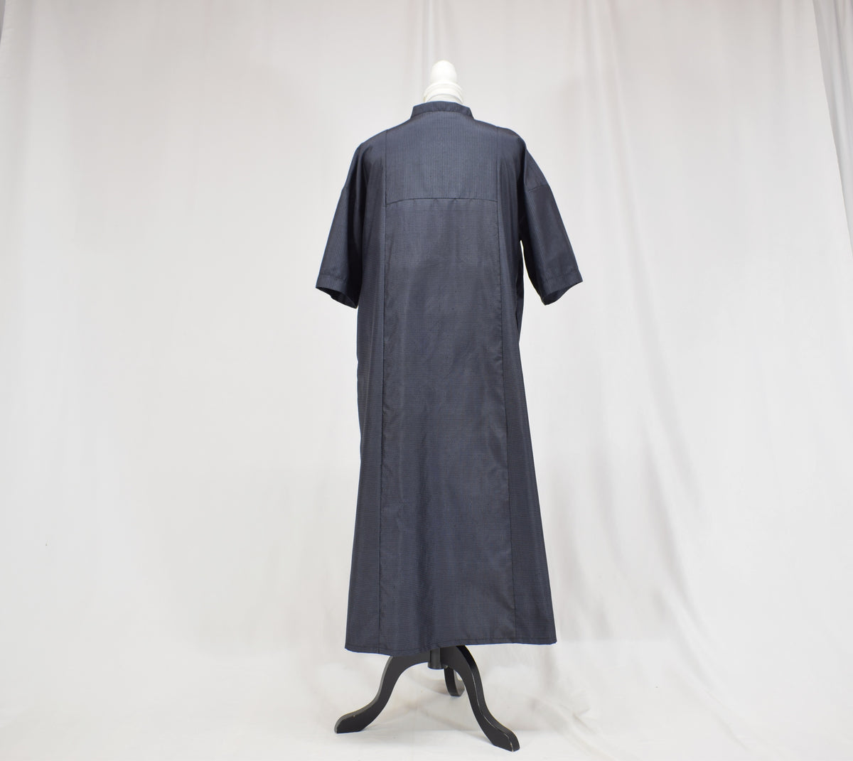 Split-Neck Long Dress, Navy Fine Stripe Motif, Upcycled Kimono Fabric