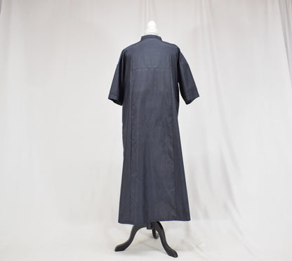 Split-Neck Long Dress, Navy Fine Stripe Motif, Upcycled Kimono Fabric