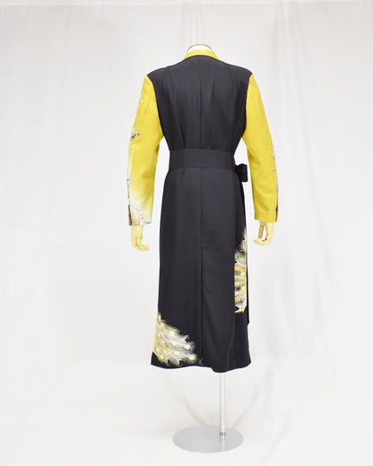 Belted Long Coat, Black and Yellow Peacock Motifs, Upcycled Kimono Fabric