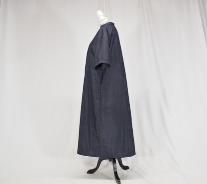 Split-Neck Long Dress, Navy Fine Stripe Motif, Upcycled Kimono Fabric