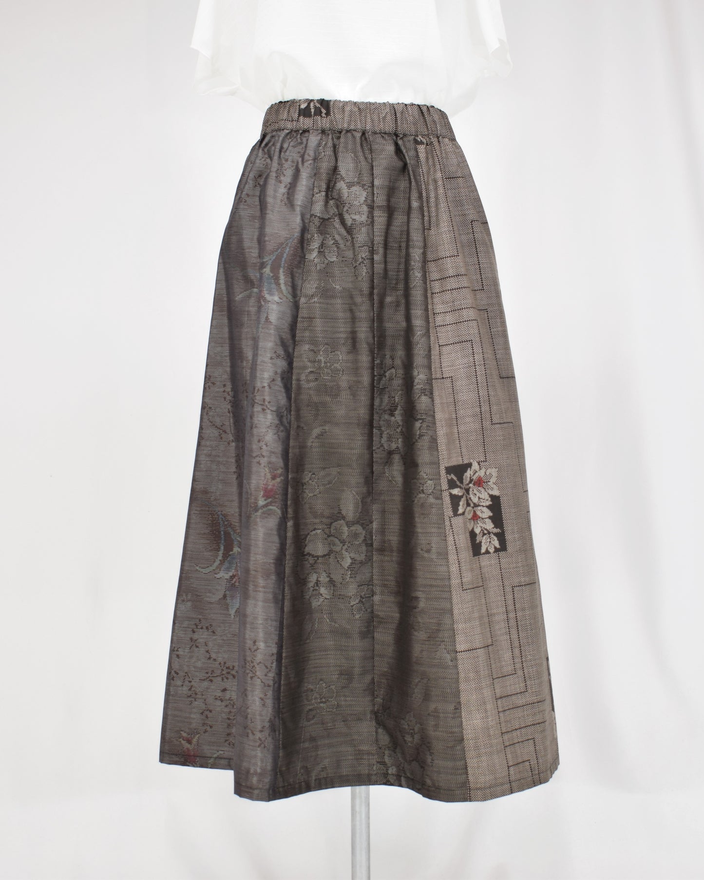 Six-Panel Skirt, Gray Linear Geometric and Botanical Motifs, Upcycled Kimono Fabric