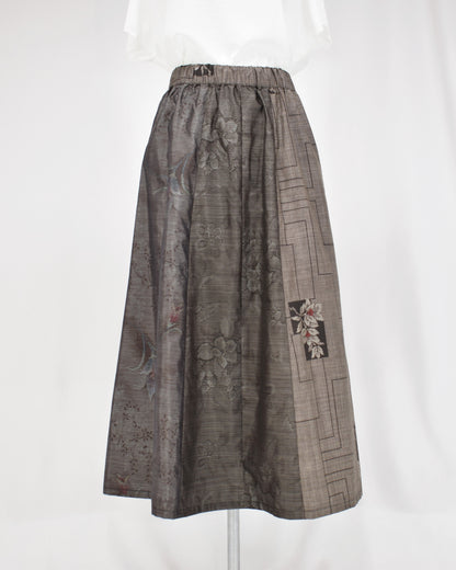 Six-Panel Skirt, Gray Linear Geometric and Botanical Motifs, Upcycled Kimono Fabric