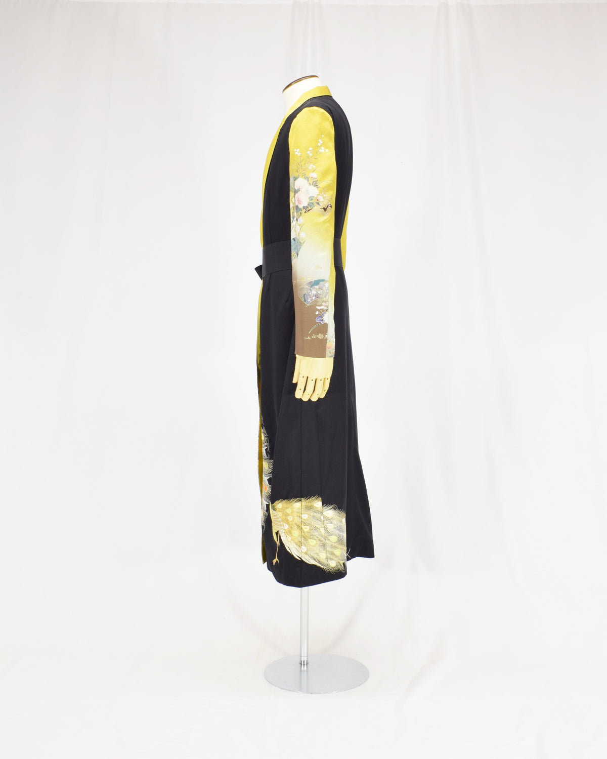 Belted Long Coat, Black and Yellow Peacock Motifs, Upcycled Kimono Fabric