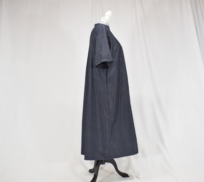 Split-Neck Long Dress, Navy Fine Stripe Motif, Upcycled Kimono Fabric