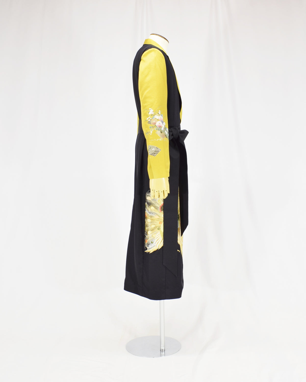 Belted Long Coat, Black and Yellow Peacock Motifs, Upcycled Kimono Fabric