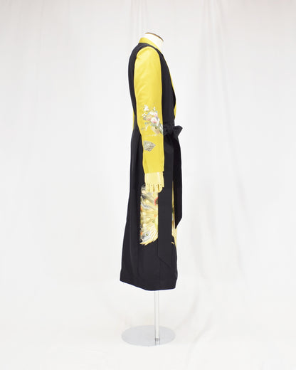 Belted Long Coat, Black and Yellow Peacock Motifs, Upcycled Kimono Fabric