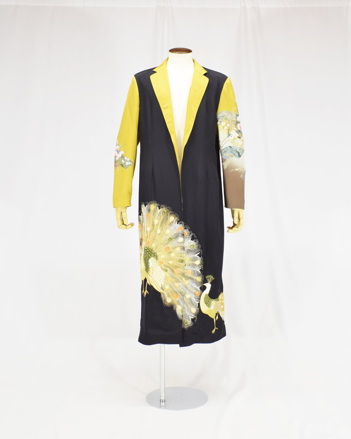 Belted Long Coat, Black and Yellow Peacock Motifs, Upcycled Kimono Fabric