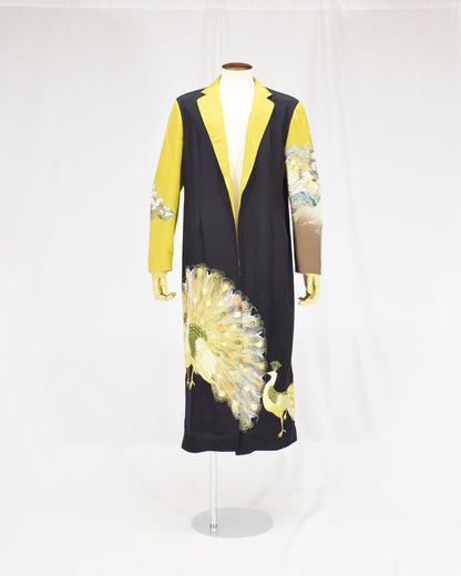 Belted Long Coat, Black and Yellow Peacock Motifs, Upcycled Kimono Fabric