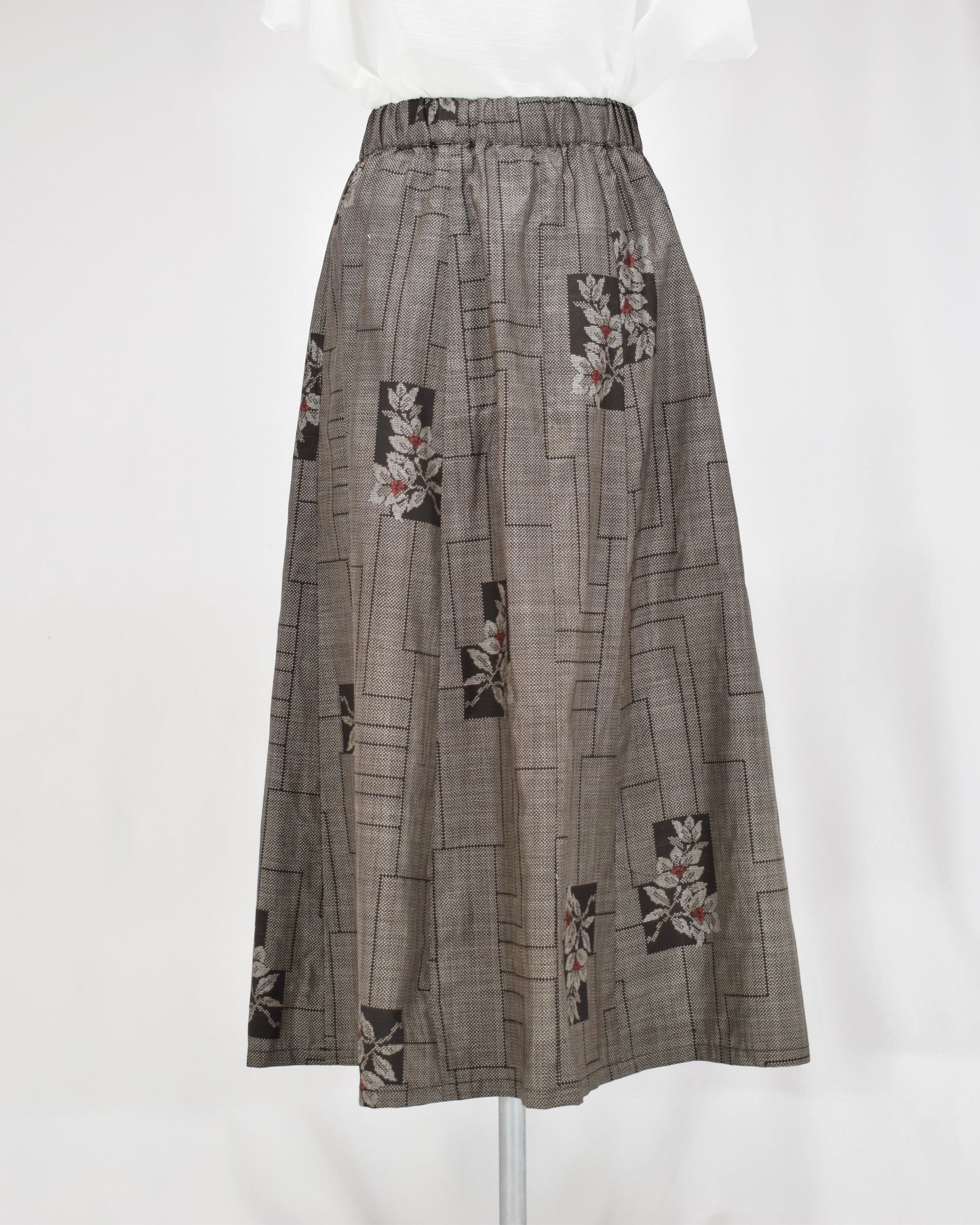 Six-Panel Skirt, Gray Linear Geometric and Botanical Motifs, Upcycled Kimono Fabric