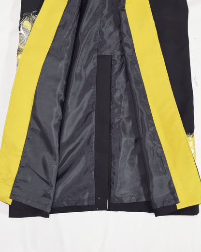 Belted Long Coat, Black and Yellow Peacock Motifs, Upcycled Kimono Fabric