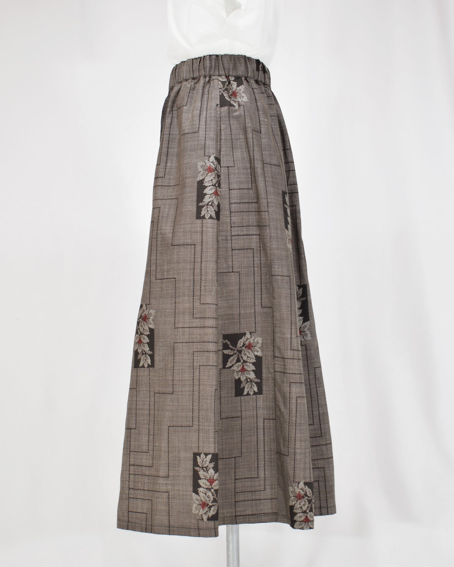 Six-Panel Skirt, Gray Linear Geometric and Botanical Motifs, Upcycled Kimono Fabric