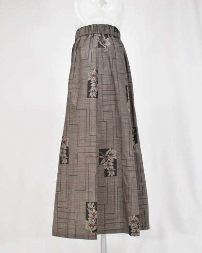 Six-Panel Skirt, Gray Linear Geometric and Botanical Motifs, Upcycled Kimono Fabric