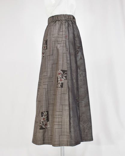 Six-Panel Skirt, Gray Linear Geometric and Botanical Motifs, Upcycled Kimono Fabric
